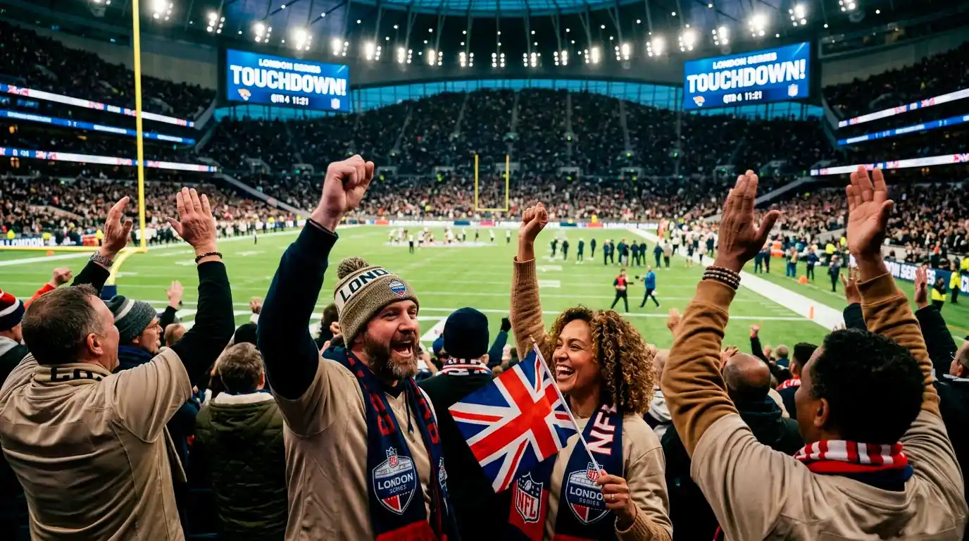 British NFL fans cheering inside a packed London stadium during a regular-season game