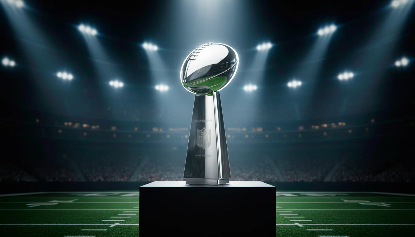 Vince Lombardi Trophy on a stage under stadium lights ahead of a Super Bowl championship game