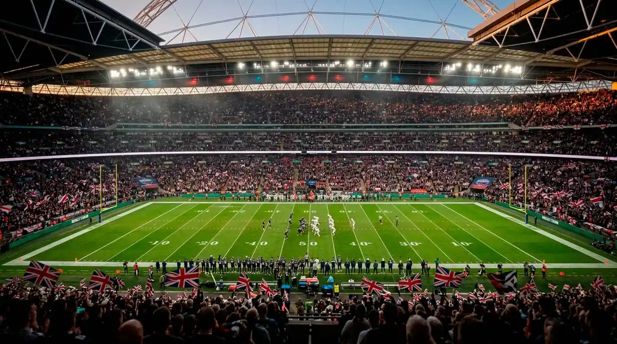 Wembley Stadium hosting an NFL London Game with a packed British crowd